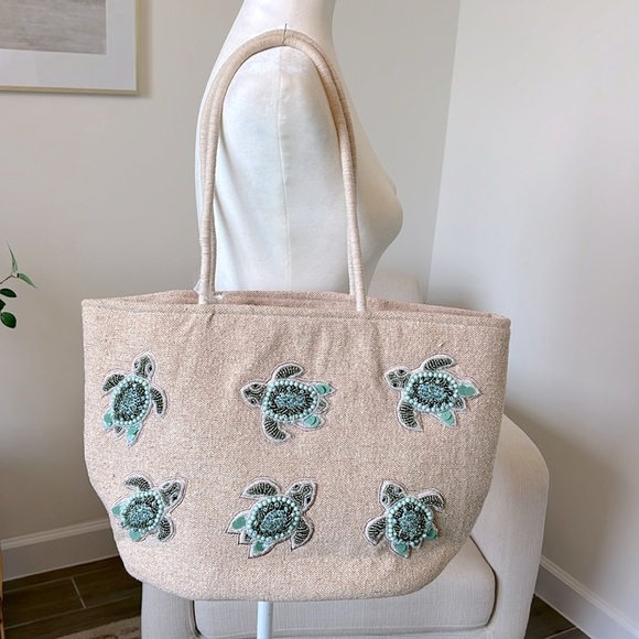 NWT Viral Tik Tok Beaded Sea Turtle Canvas Summer Beach Tote Bag Handcrafted - Picture 1 of 16